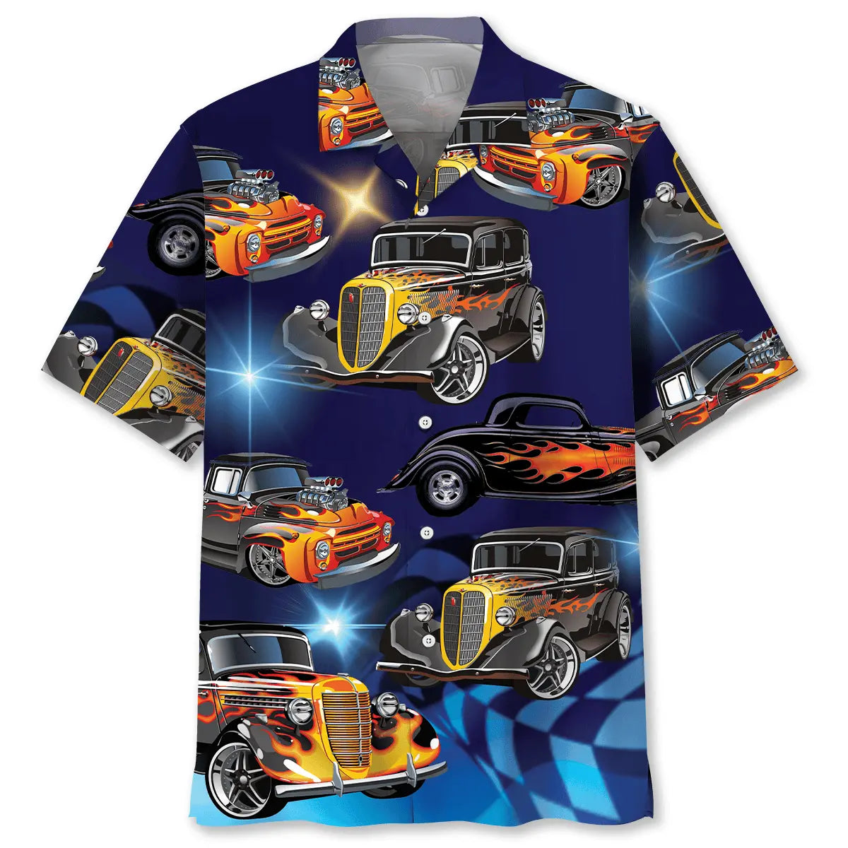 Classic Blue Hot Rod Car Hawaiian Shirt For Motorsport Events, Beach Travel, And Thoughtful Gift Giving