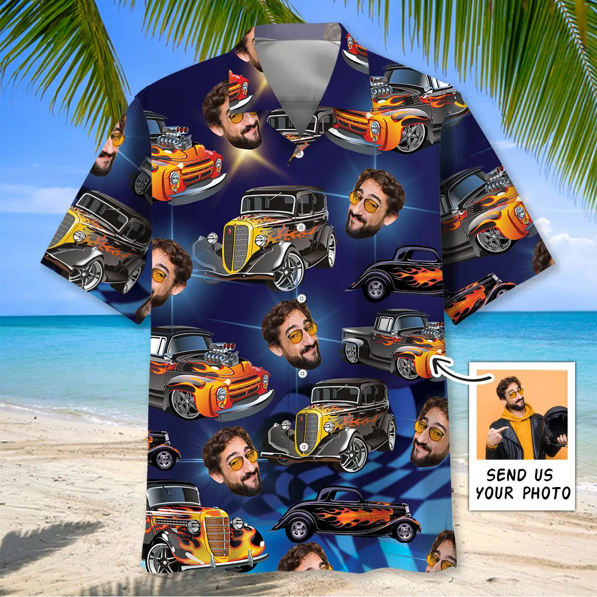 Hawaiian Shirt / Adults / S Blue Hot Rod Classic Racing Custom Photo Face Hawaiian shirt