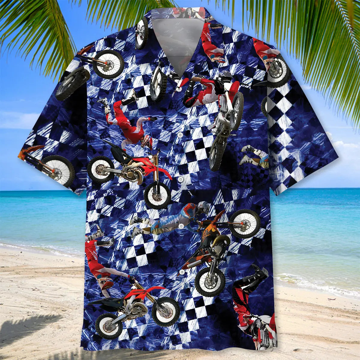 Blue Racing Dirt Bike Hawaiian Shirt For Summer Road Trip, Outdoor Event, And Seasonal Wardrobe