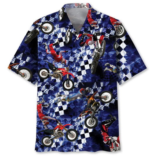 Blue Racing Dirt Bike Hawaiian Shirt For Island Getaway, Casual Weekend, And Resort Wear