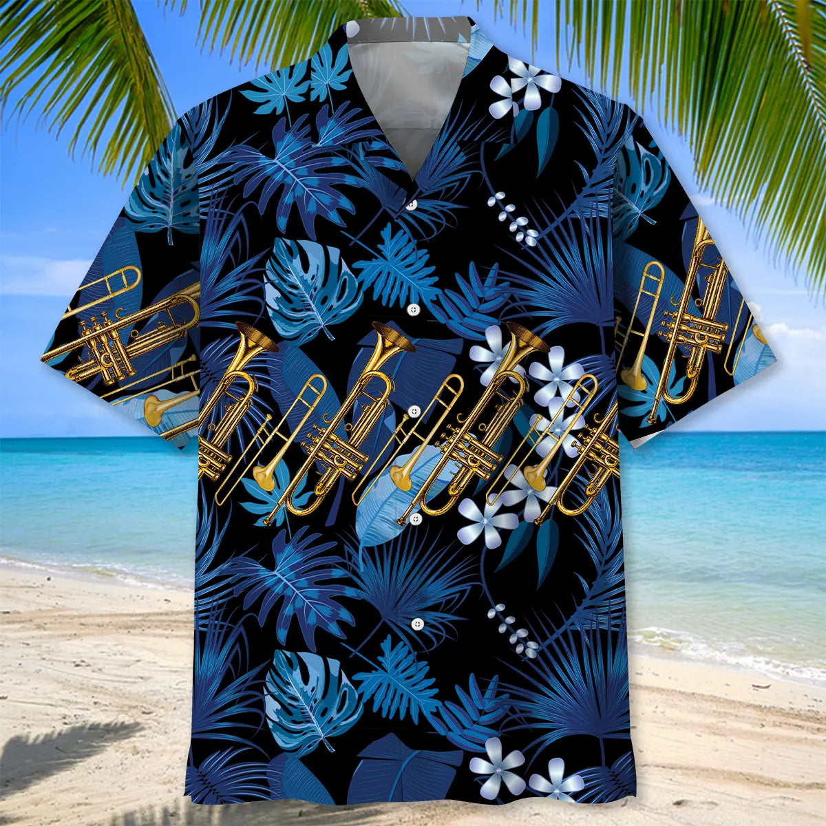 Blue Trombone Tropical Hawaiian Shirt For Coastal Adventure, Outdoor Event, And Seasonal Wardrobe