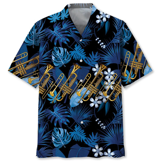 Blue Trombone Tropical Hawaiian Shirt For Beach Days And Relaxed Summer Style