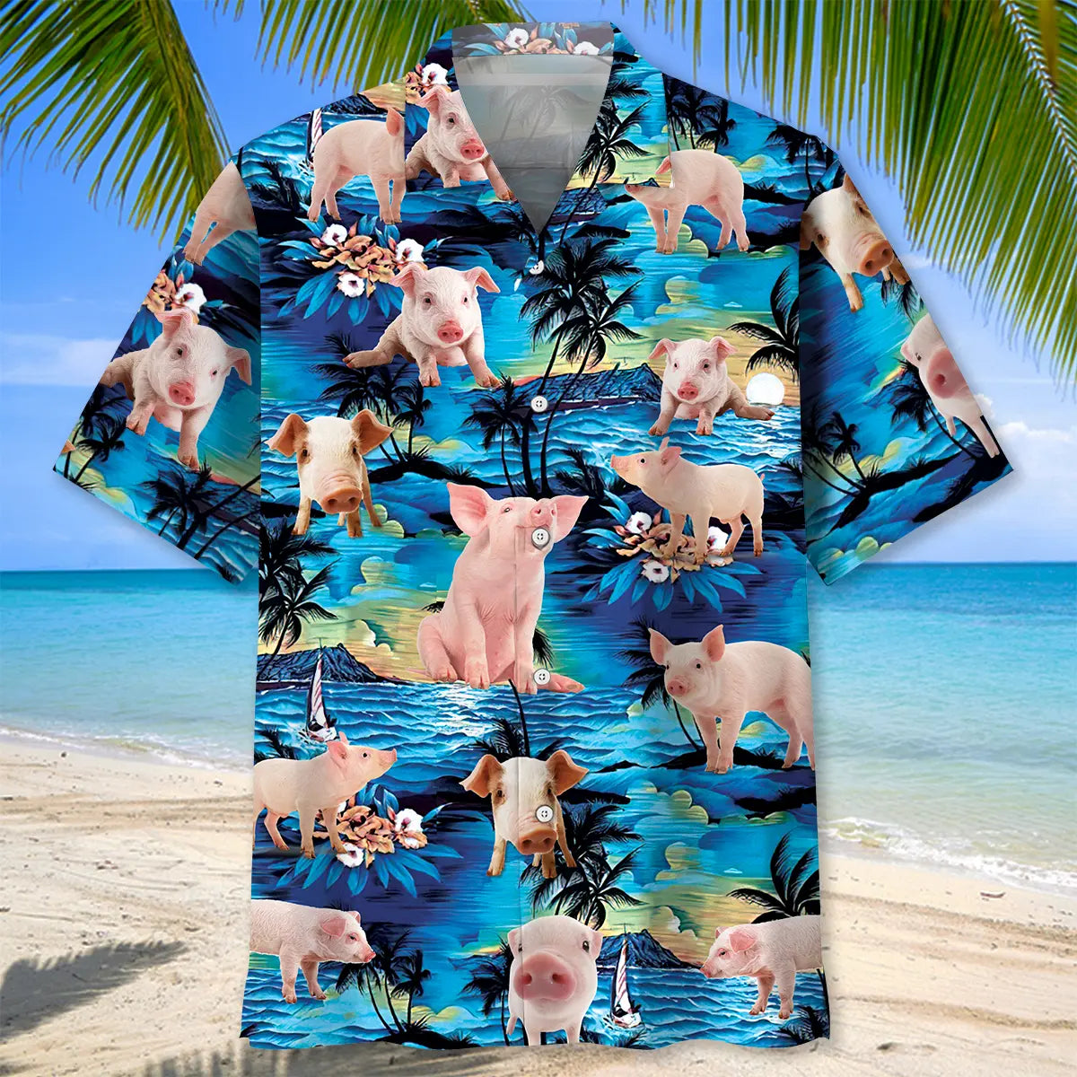 Tropical Blue Pig Hawaiian Shirt For Resort Trips, Coastal Parties, And Warm Weather Style