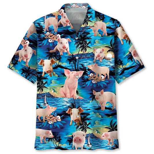 Tropical Blue Pig Hawaiian Shirt For Resort Trips, Coastal Parties, And Warm Weather Style