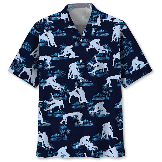 Blue Wrestling Hawaiian Shirt For Tropical Holidays, Outdoor Gatherings, And Everyday Comfort