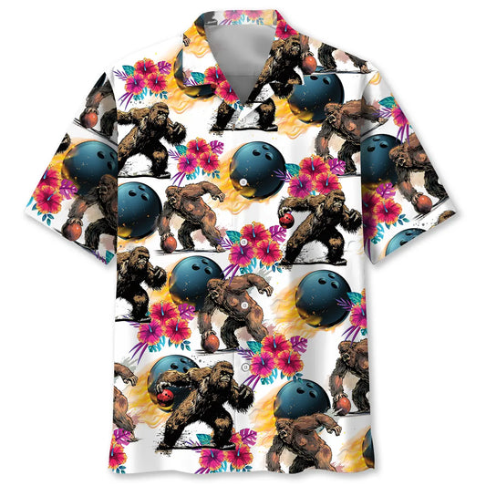Bowling Bigfoot Hibiscus Hawaiian Shirt For Coastal Travel, Casual Events, And Comfortable Summer Wear