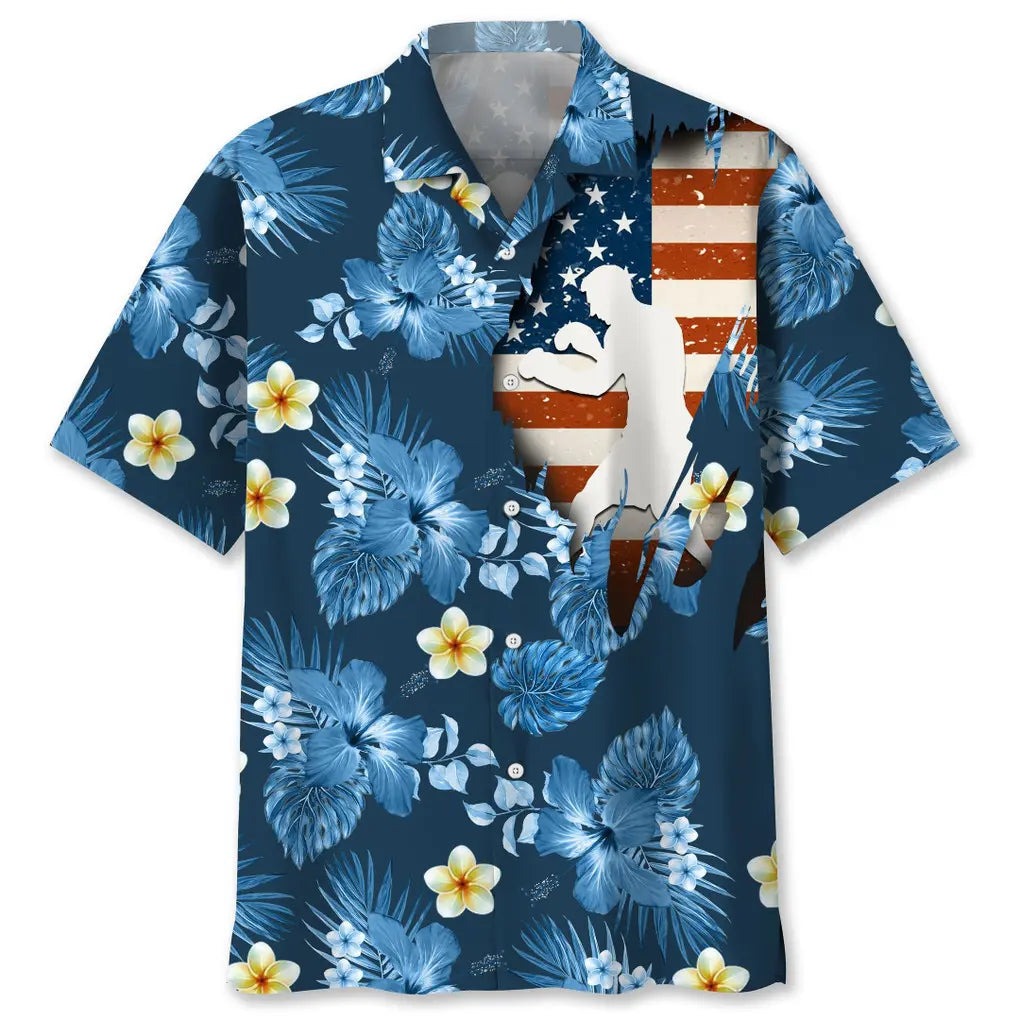 American Tropical Boxing Blue Hawaiian Shirt For Coastal Travel, Casual Events, And Comfortable Summer Wear