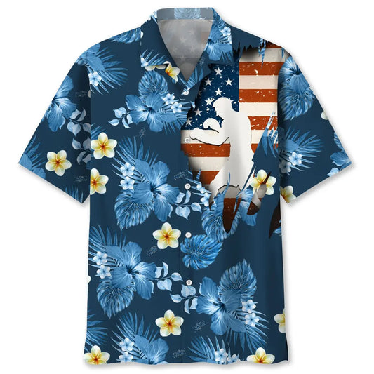 American Tropical Boxing Blue Hawaiian Shirt For Coastal Travel, Casual Events, And Comfortable Summer Wear