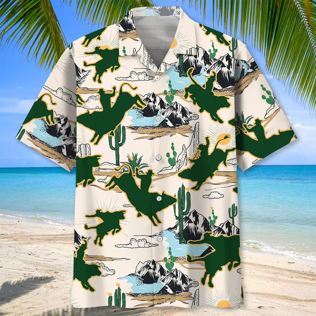 Bull Riding Desert Hawaiian Shirt For Summer Vacation, Beach Travel, And Casual Wear
