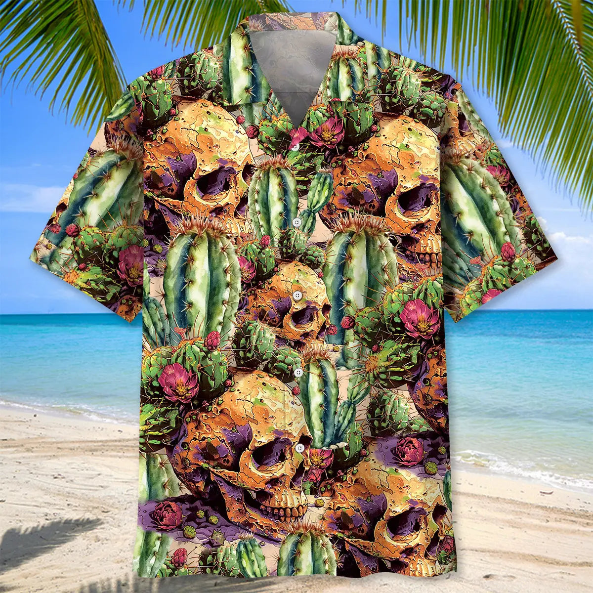 Cactus Skull Vintage Hawaiian Shirt For Tropical Holiday, Warm Weather Outing, And Comfortable Travel Wear