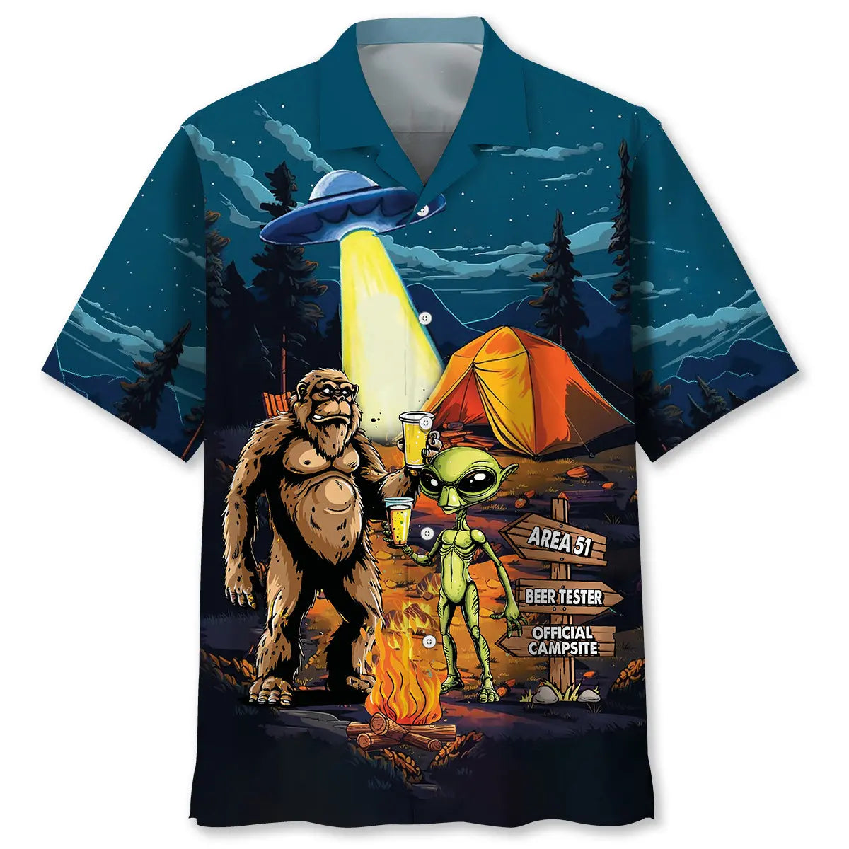 Camping Alien Bigfoot Desert UFO Hawaiian Shirt For Family Vacation And Seasonal Wardrobe