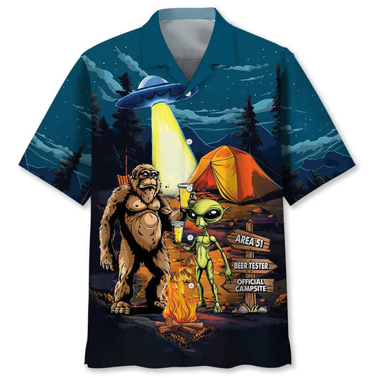Camping Alien Bigfoot Desert UFO Hawaiian Shirt For Family Vacation And Seasonal Wardrobe