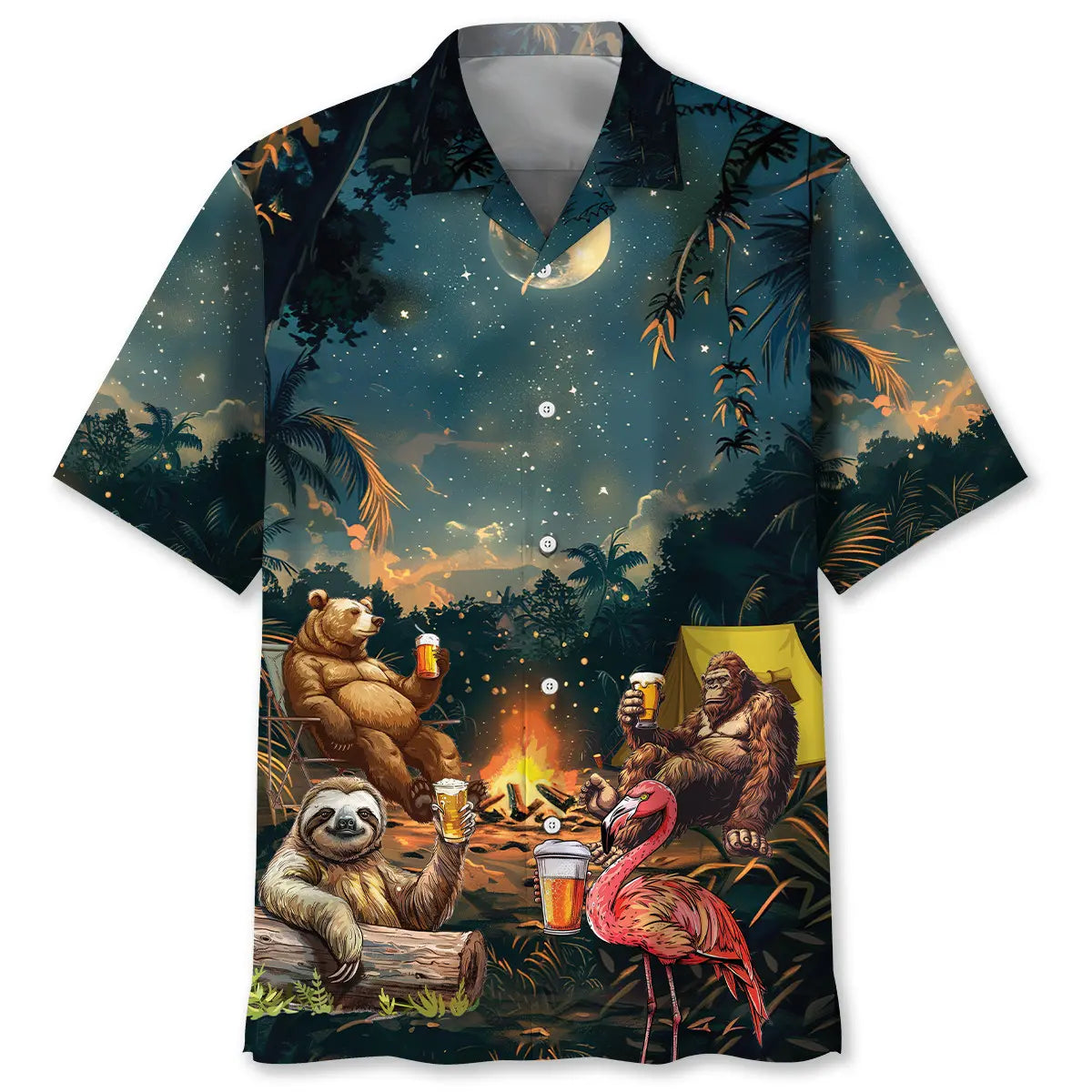 Camping Bigfoot Bear Sloth Flamingo Hawaiian Shirt For Weekend Escape, Tropical Holiday, And Travel Ready Style