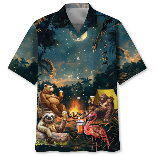 Camping Bigfoot Bear Sloth Flamingo Hawaiian Shirt For Weekend Escape, Tropical Holiday, And Travel Ready Style