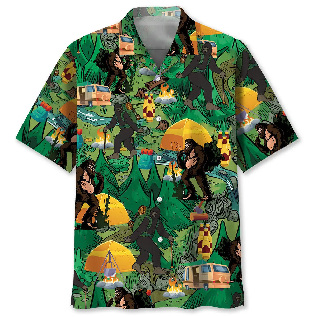 Camping Bigfoot Hawaiian Shirt For Resort Trips, Coastal Parties, And Warm Weather Style