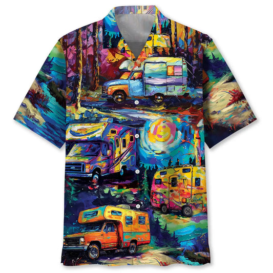 Camping Car Art Hawaiian Shirt For Resort Holiday, Summer Vacation, And Casual Wear