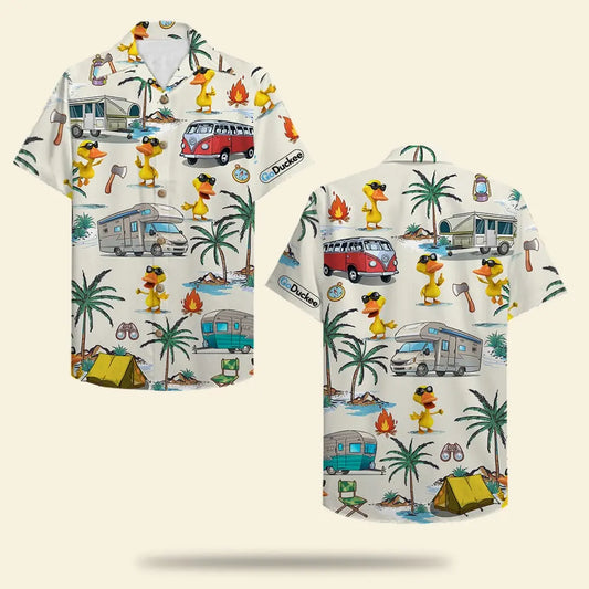 Island Summer Camping Duck Aloha Campers Pattern Hawaiian Shirt For Summer Vacation, Beach Travel, And Casual Wear
