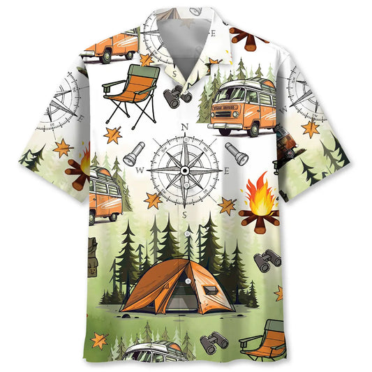 Camping Tent Compass Hawaiian Shirt For Seasonal Celebration, Island Getaway, And Daily Summer Wear