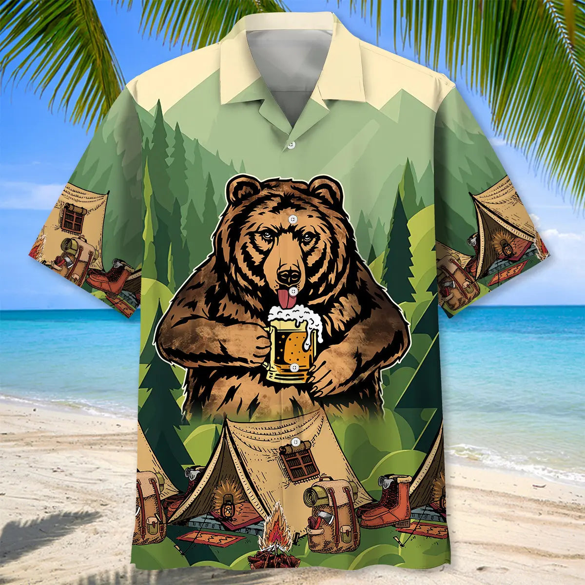 Vintage Camping Bear Hawaiian Shirt For Coastal Travel, Casual Events, And Comfortable Summer Wear