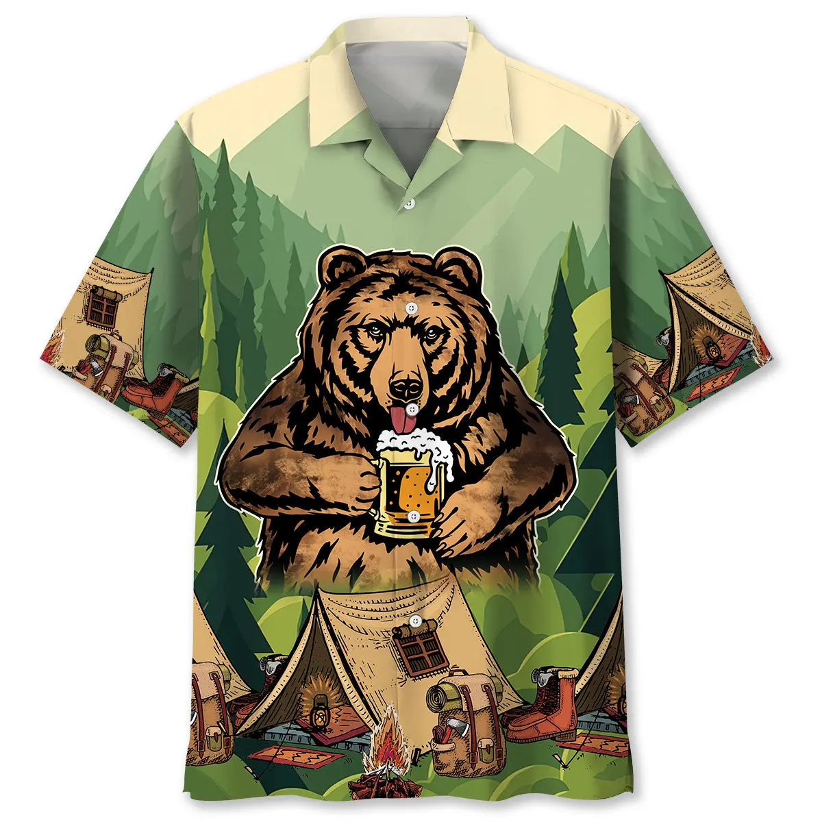 Vintage Camping Bear Hawaiian Shirt For Coastal Travel, Casual Events, And Comfortable Summer Wear