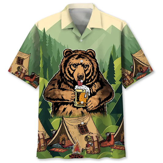 Vintage Camping Bear Hawaiian Shirt For Coastal Travel, Casual Events, And Comfortable Summer Wear