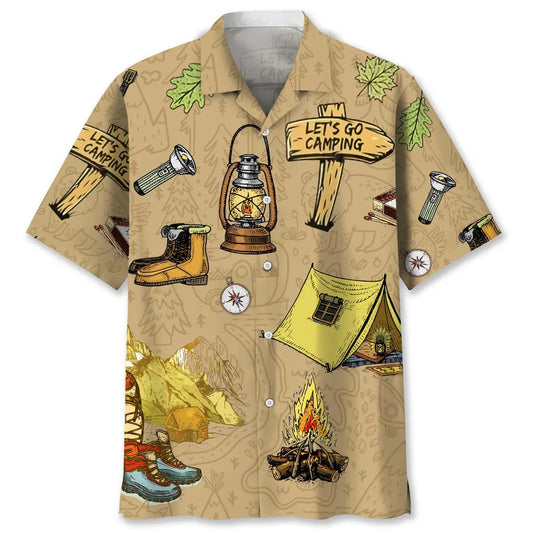 Vintage Camping Hawaiian Shirt For Coastal Travel, Casual Events, And Comfortable Summer Wear
