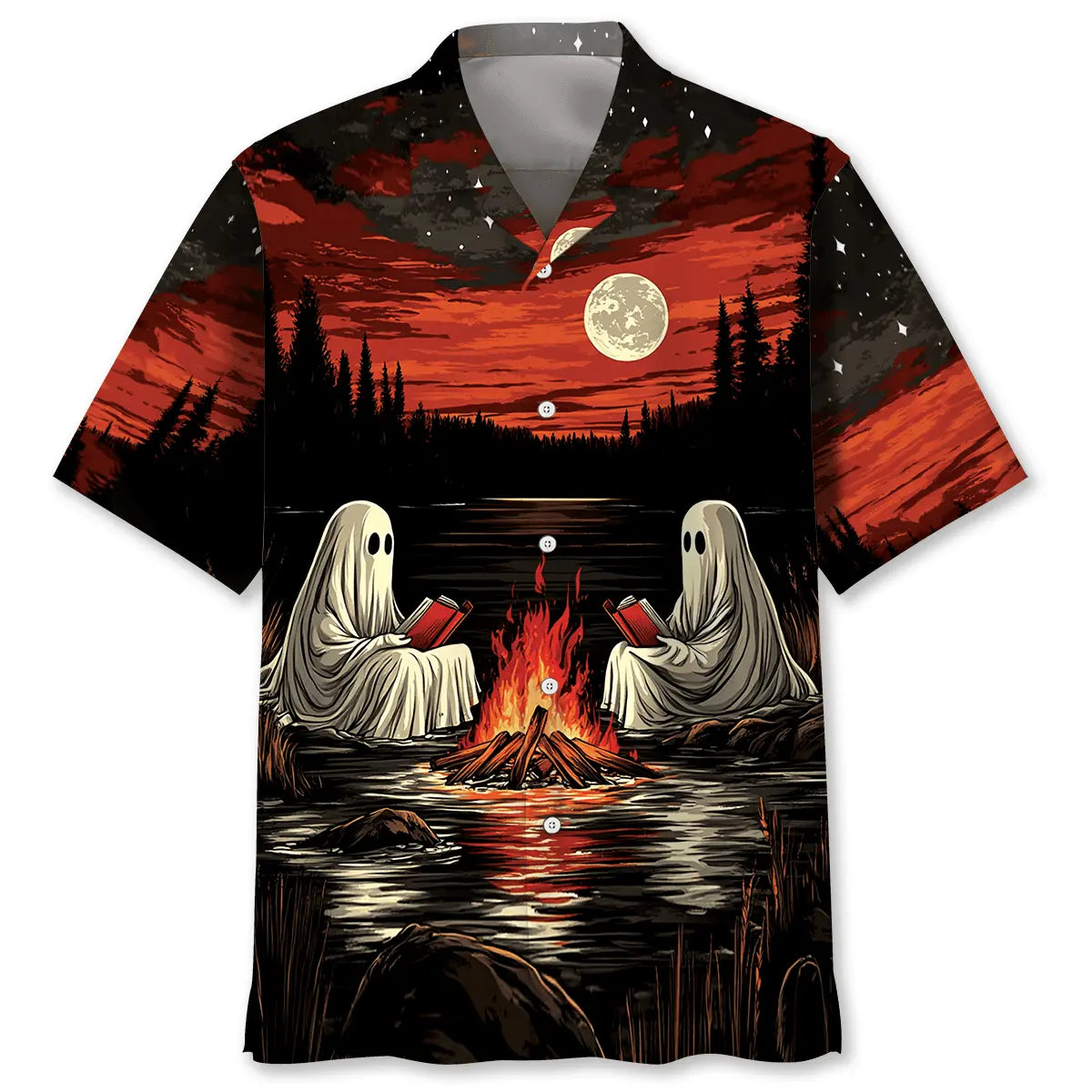Camping Ghost Hawaiian Shirt For Autumn Gatherings, Coastal Outings, And Playful Holiday Style