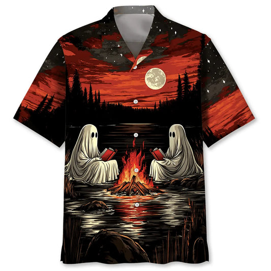 Camping Ghost Hawaiian Shirt For Autumn Gatherings, Coastal Outings, And Playful Holiday Style