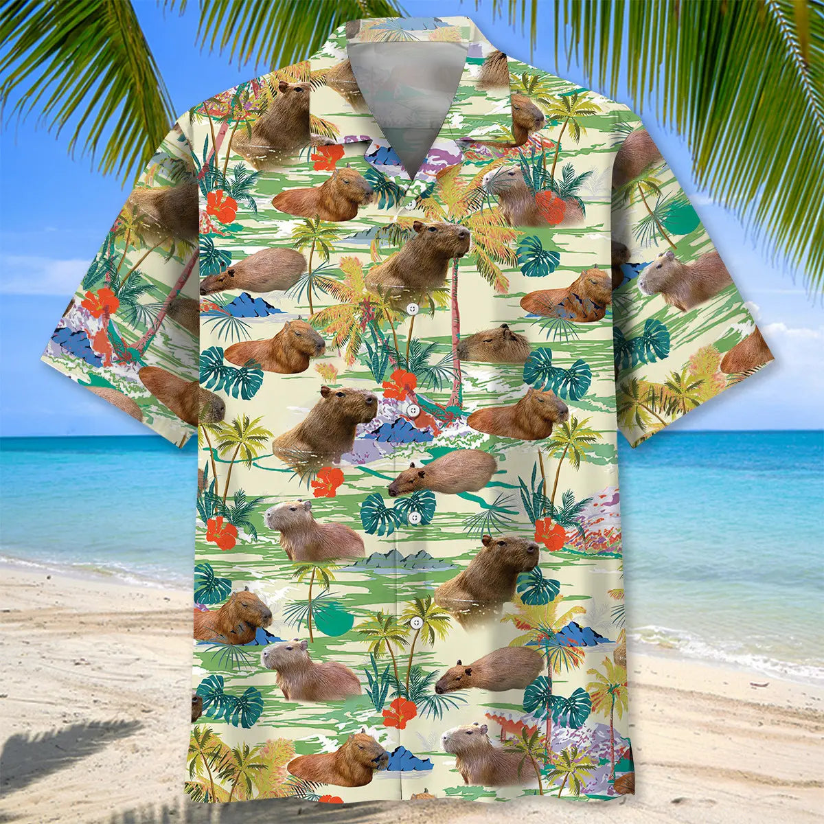 Tropical Capybara Hawaiian Shirt For Summer Vacation, Beach Travel, And Casual Wear