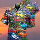 Colorful Car Garden Hawaiian Shirt Artwork View For Weekend Travel And Beach Style