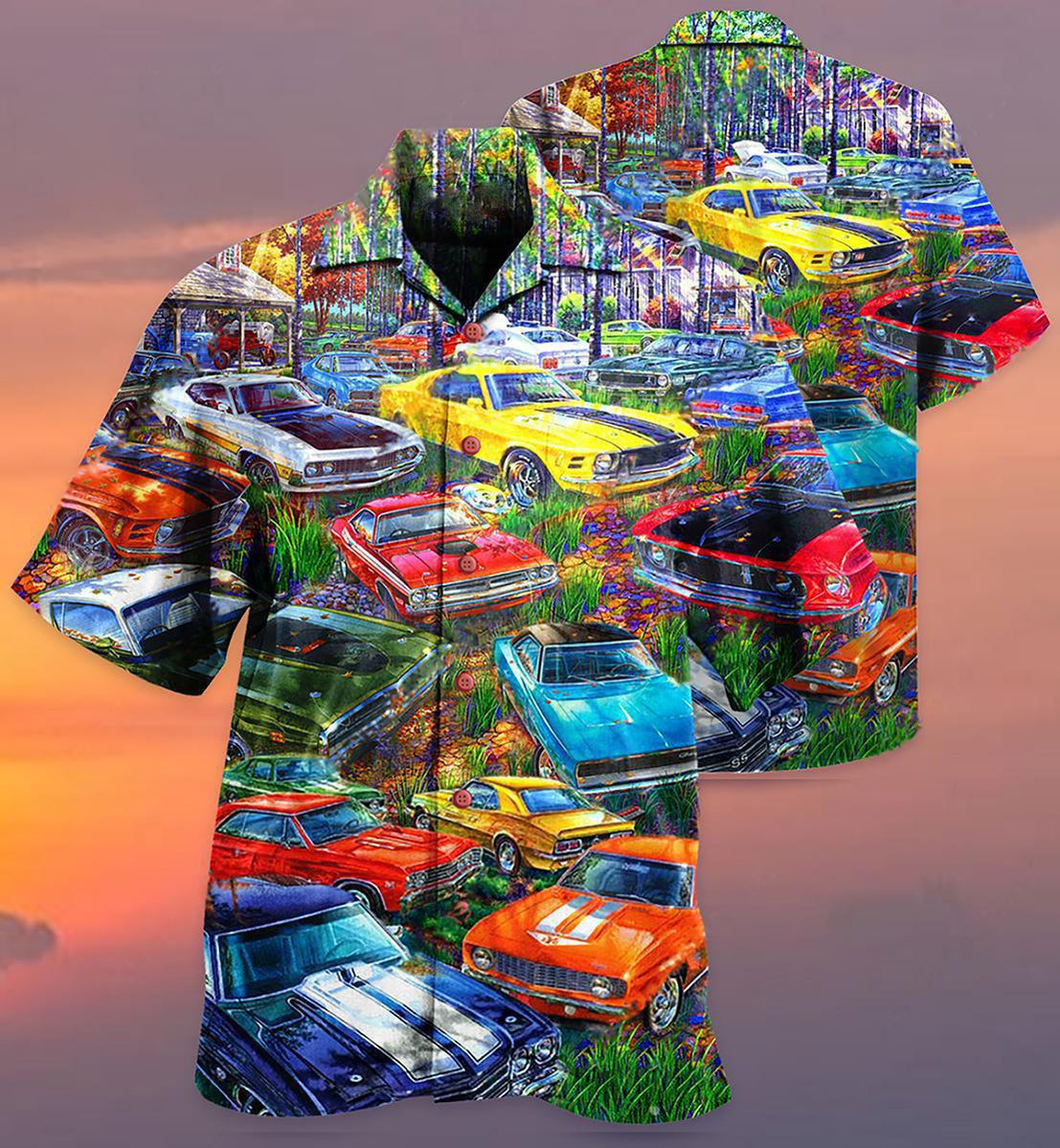 Colorful Car Garden Hawaiian Shirt Artwork View For Weekend Travel And Beach Style