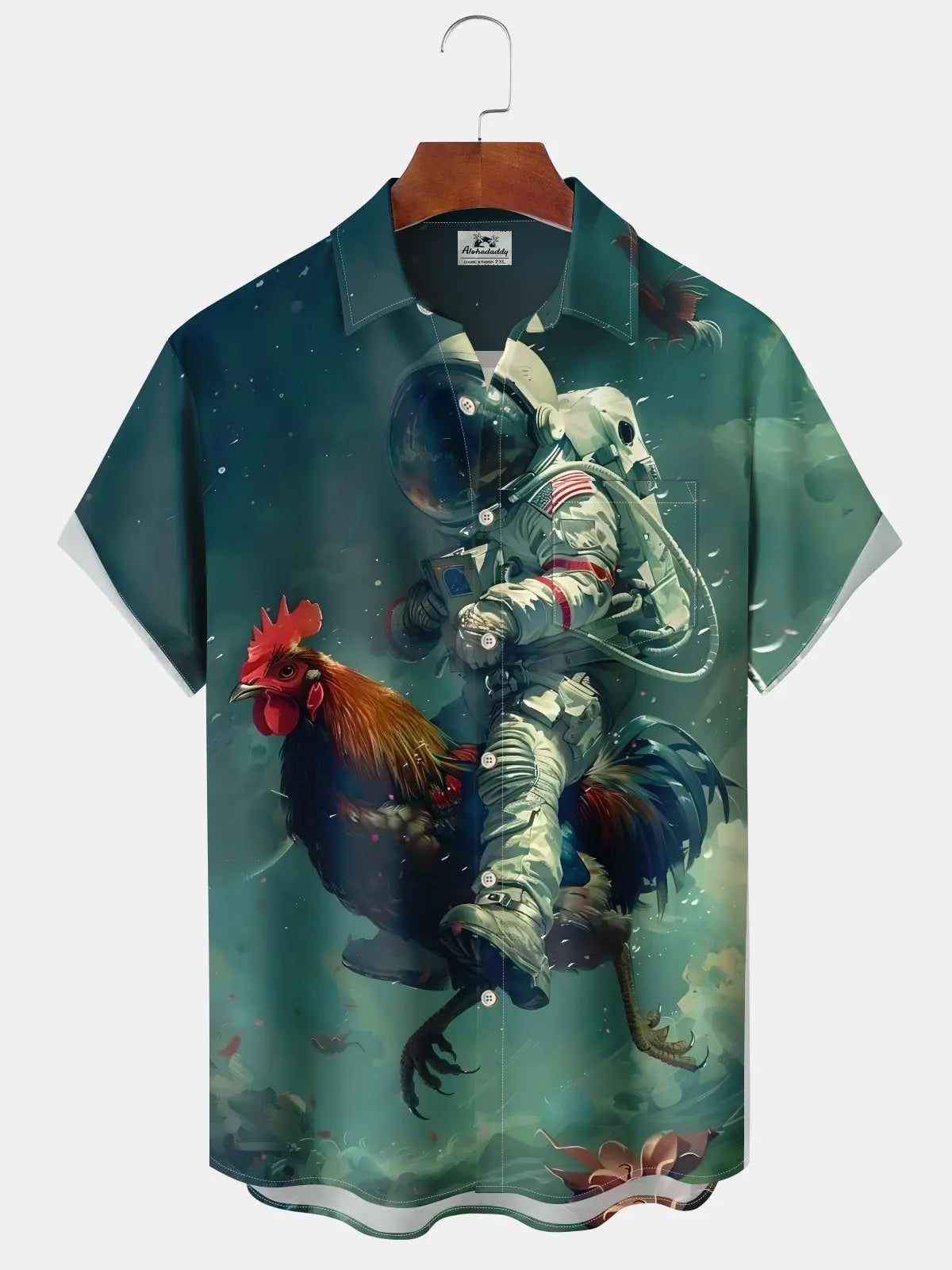 Vintage Creative Astronaut Rooster Hawaiian Shirt For Coastal Travel, Casual Events, And Comfortable Summer Wear