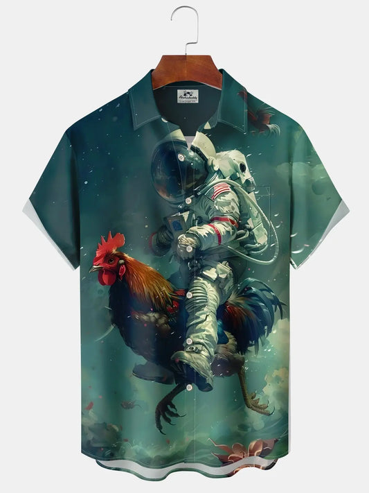 Vintage Creative Astronaut Rooster Hawaiian Shirt For Coastal Travel, Casual Events, And Comfortable Summer Wear