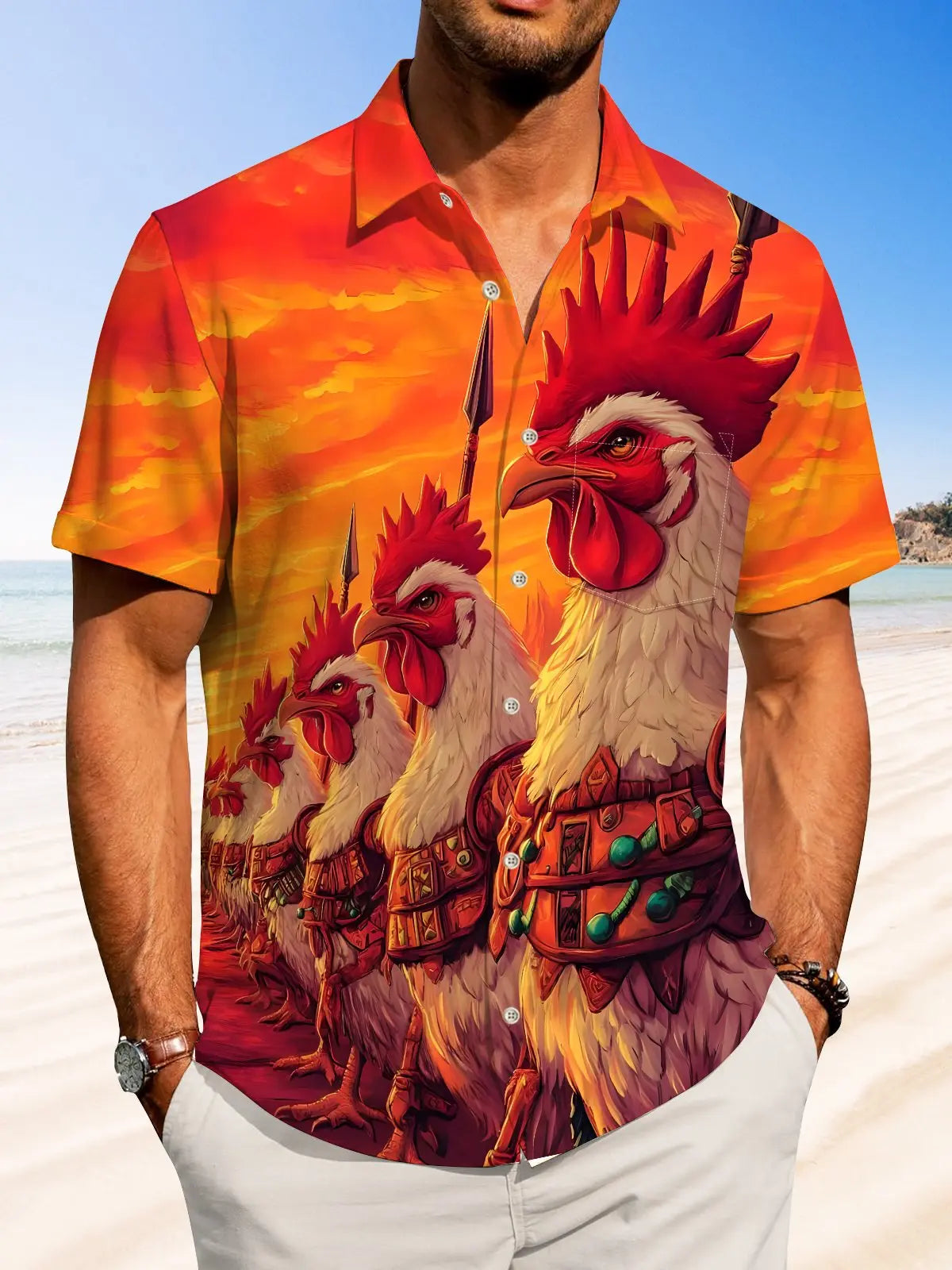 Vintage Creative Rooster Hawaiian Shirt For Tropical Holidays, Outdoor Gatherings, And Everyday Comfort