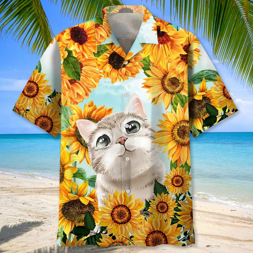 Cat Sunflower Hawaiian Shirt For Island Vacations, Weekend Events, And Relaxed Everyday Outfits