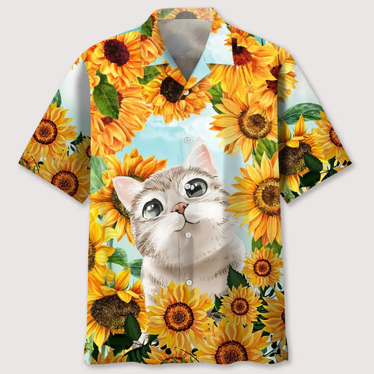 Cat Sunflower Hawaiian Shirt For Island Vacations, Weekend Events, And Relaxed Everyday Outfits