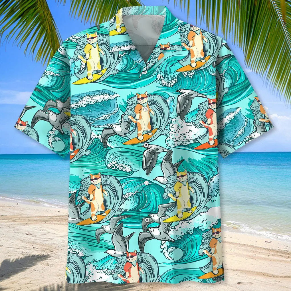 Cat Surfing Hawaiian Shirt For Beach Days, Weekend Events, And Thoughtful Gift Giving