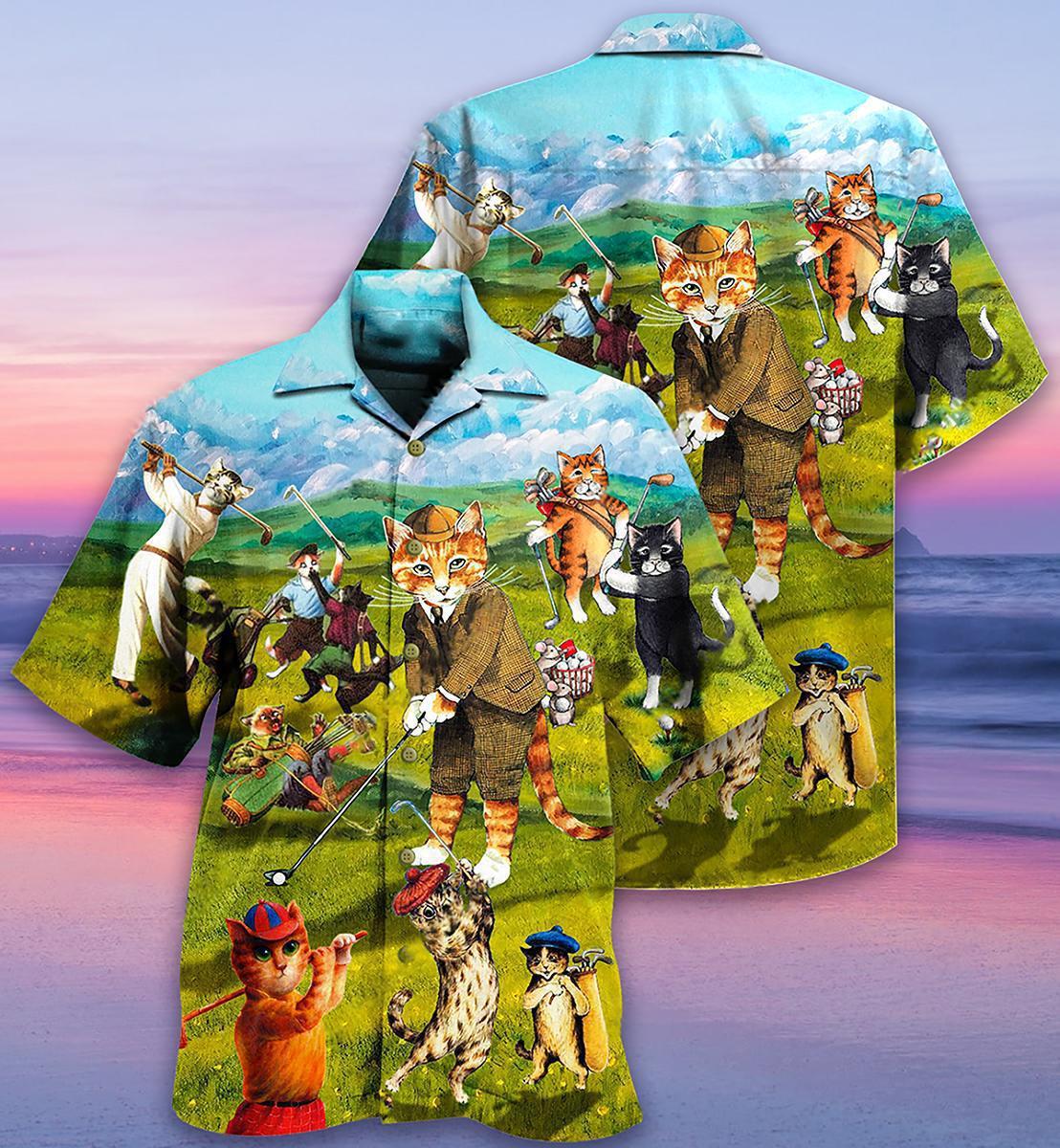 Golf Cats Play Hawaiian Shirt Design Detail For Beach Days And Holiday Travel