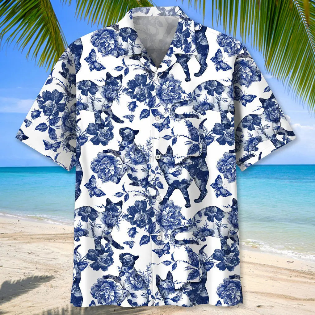 Floral Cats Blue Hawaiian Shirt For Nature Fans, Resort Trips, And Comfortable Warm Weather Wear