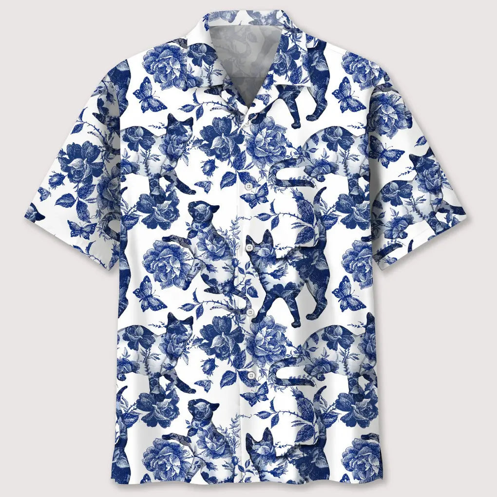 Floral Cats Blue Hawaiian Shirt For Nature Fans, Resort Trips, And Comfortable Warm Weather Wear