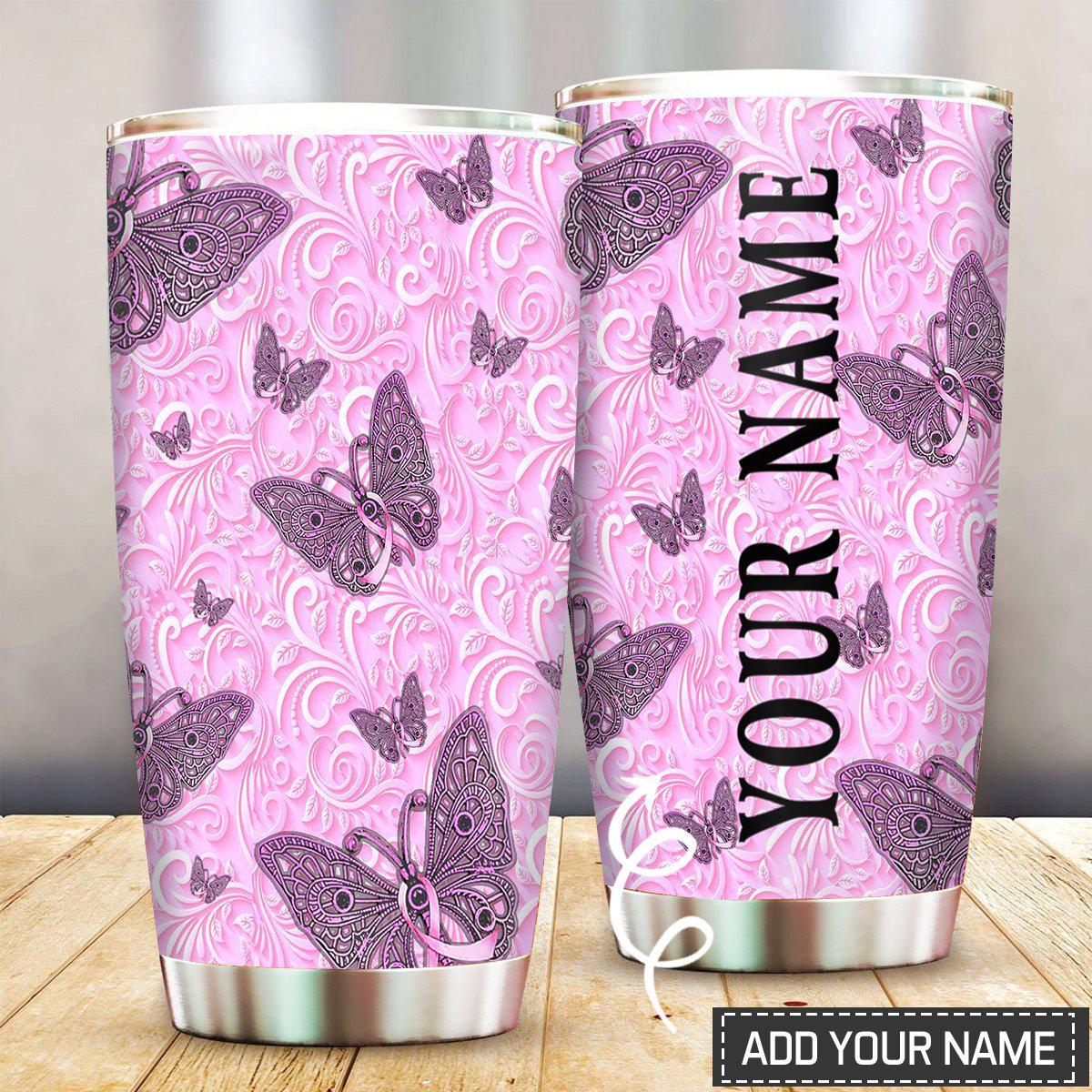 Breast Cancer Butterfly Love Pink Personalized 20 Oz Tumbler For Coffee Travel And Daily Drinks