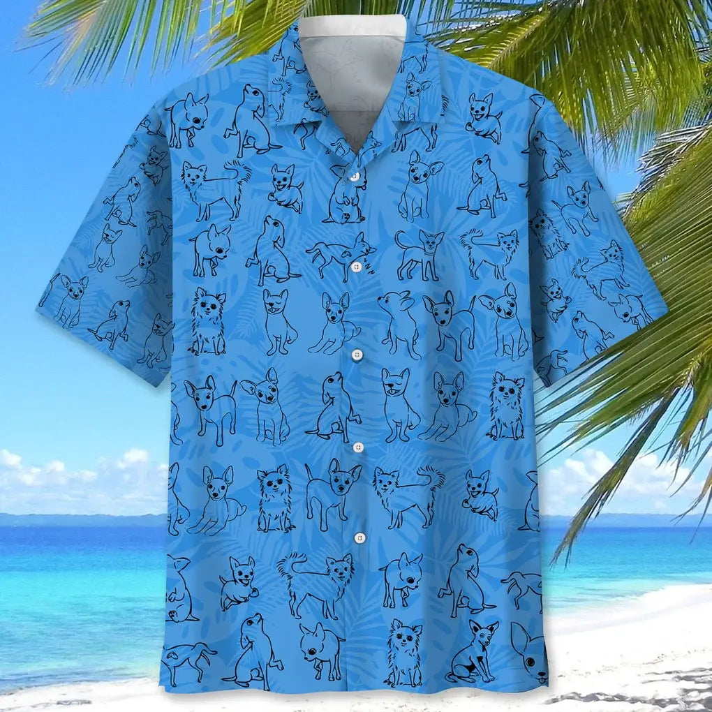 Tropical Chihuahua Blue Hawaiian Shirt For Resort Trips, Coastal Parties, And Warm Weather Style