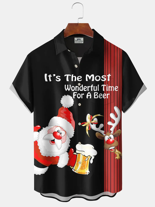 Retro Christmas Holiday Santa Elk Beer Bowling Hawaiian Shirt For Summer Vacation, Beach Travel, And Casual Wear