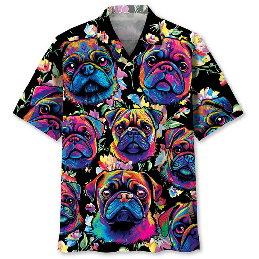 Creative Colorful Pug Hawaiian Shirt For Animal Lovers, Beach Travel, And Casual Summer Style