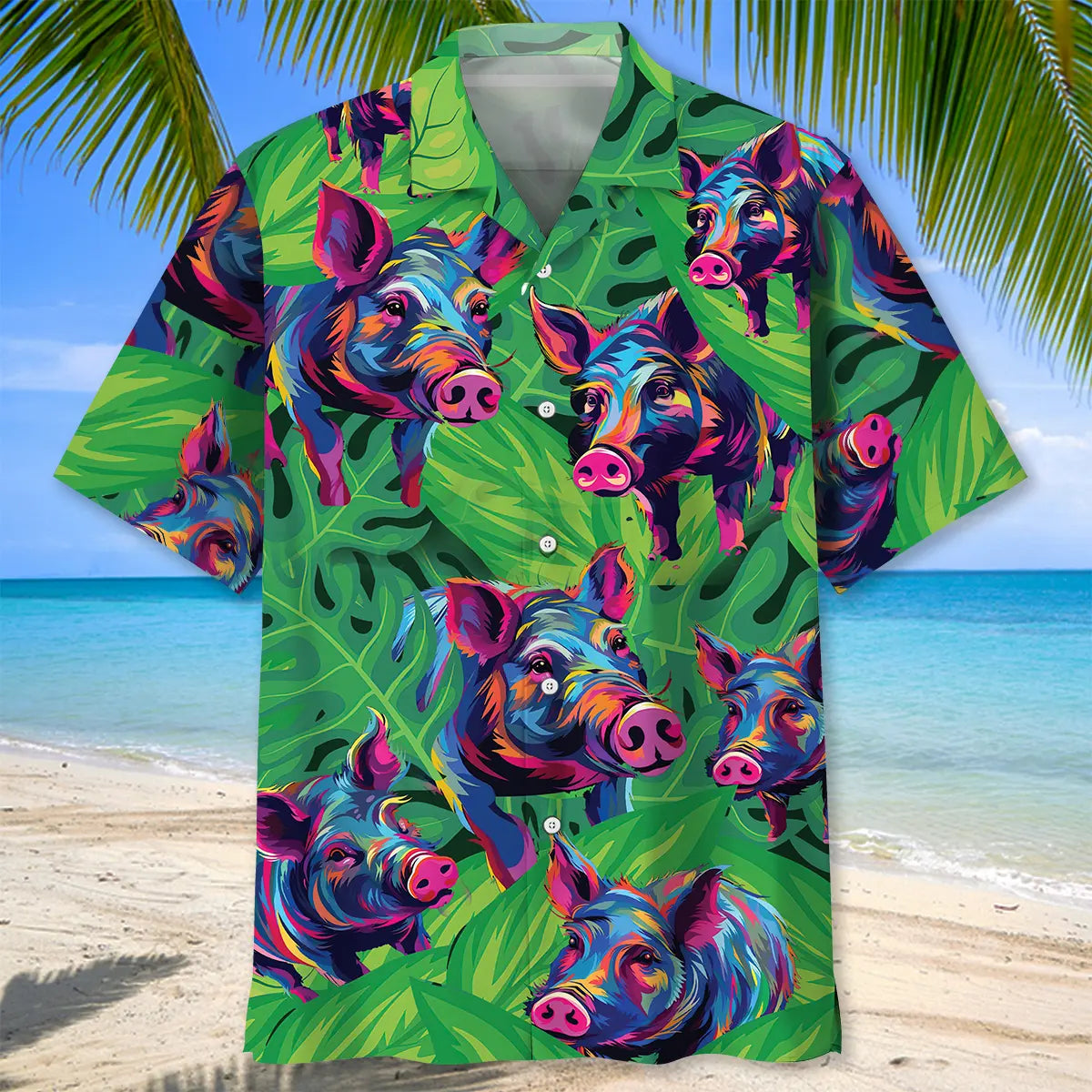 Creative Colorful Graffiti Pig Hawaiian Shirt For Summer Vacation, Beach Travel, And Casual Wear