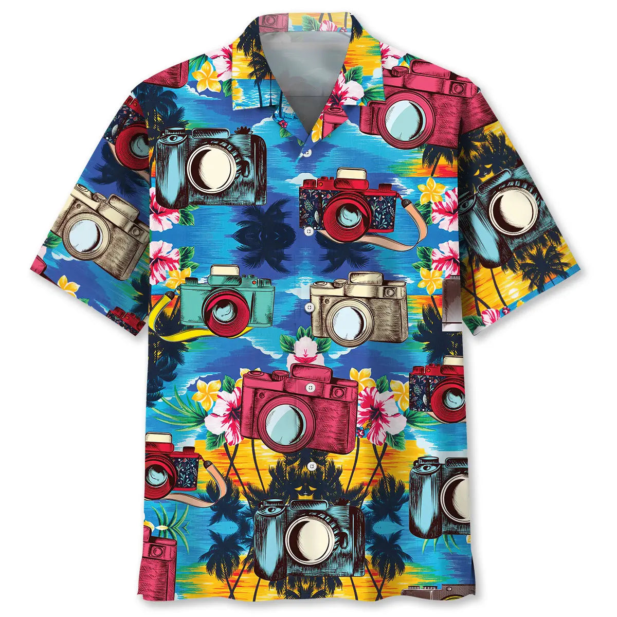 Colorful Tropical Camera Hawaiian Shirt For Hobby Lovers, Coastal Trips, And Relaxed Everyday Wear