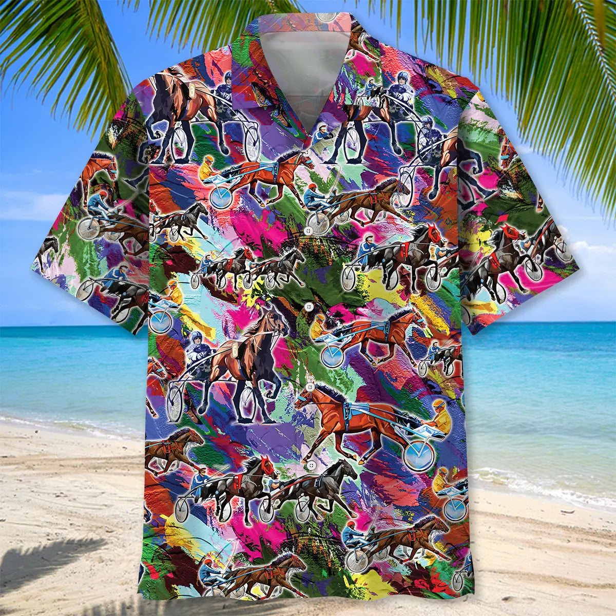 Colorful Horse Harness Racing Hawaiian Shirt For Island Vacations, Resort Wear, And Relaxed Seasonal Style