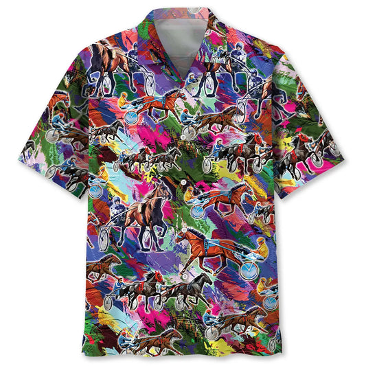 Colorful Horse Harness Racing Hawaiian Shirt For Island Vacations, Resort Wear, And Relaxed Seasonal Style