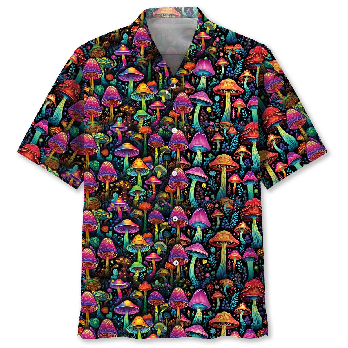 Colorful Mushroom Hawaiian Shirt For Summer Vacation, Beach Travel, And Casual Wear