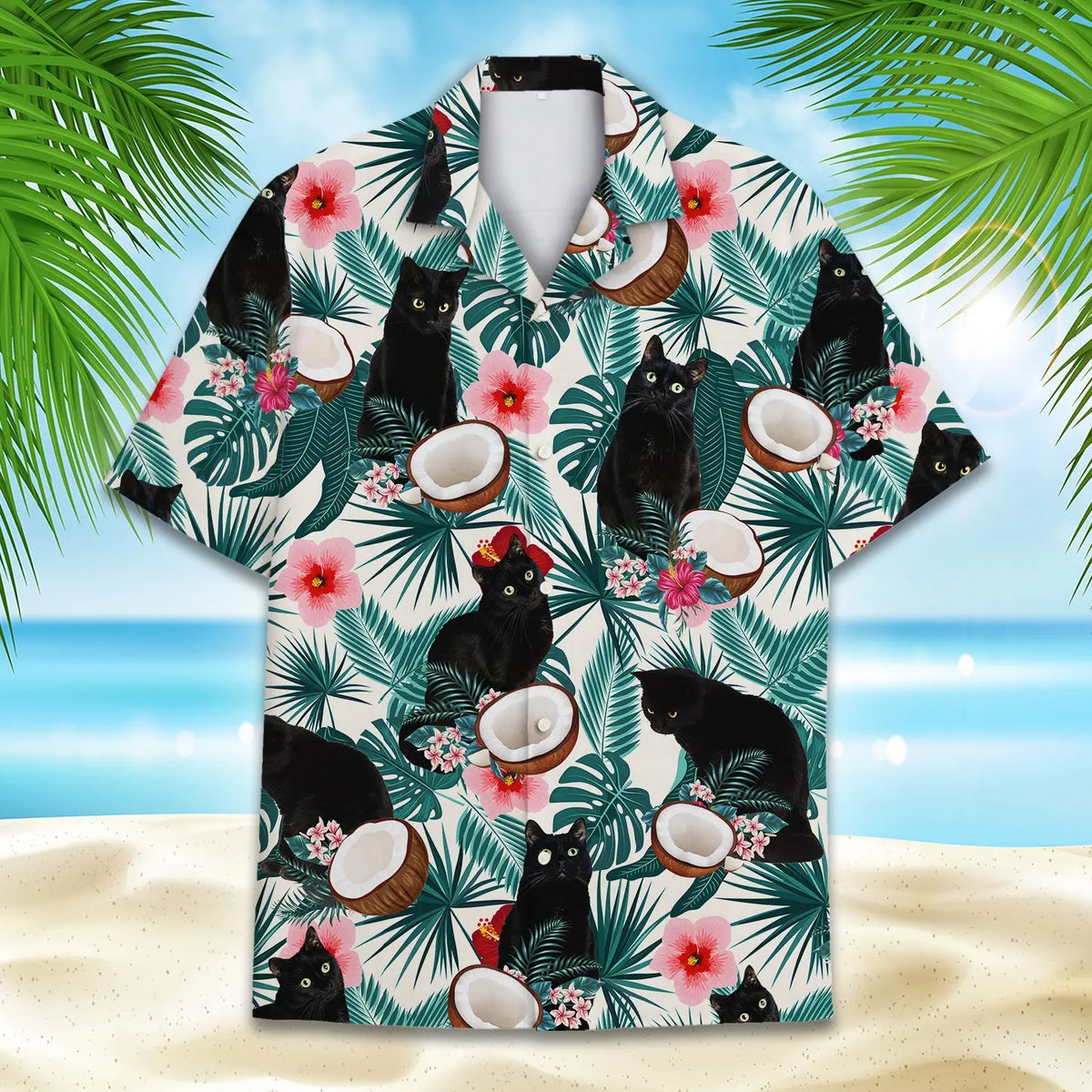 Tropical Island Black Cat Aloha Hawaiian Shirt For Beach Days, Summer Outings, And Thoughtful Gift Giving